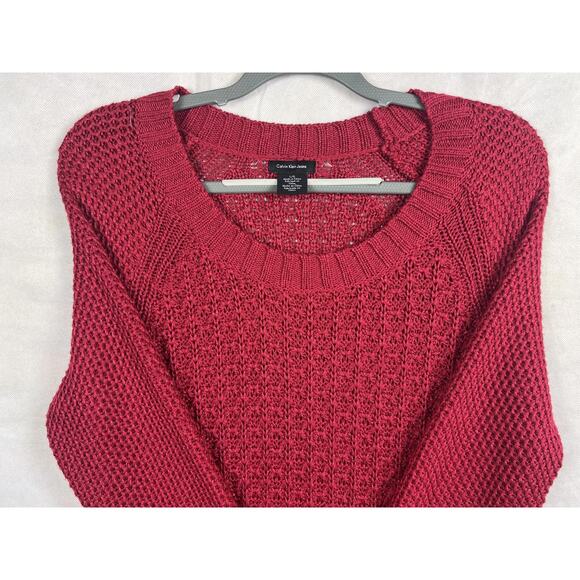 Calvin Klein Jeans Women's Large Red Open Knit Sweater Acrylic Nylon Chunky EUC - Picture 2 of 10